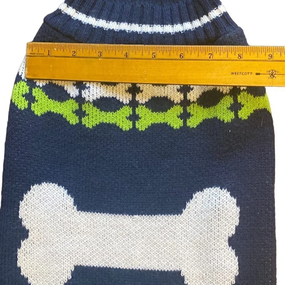 Navy blue dog sweater with white bone and Green bone trim XL